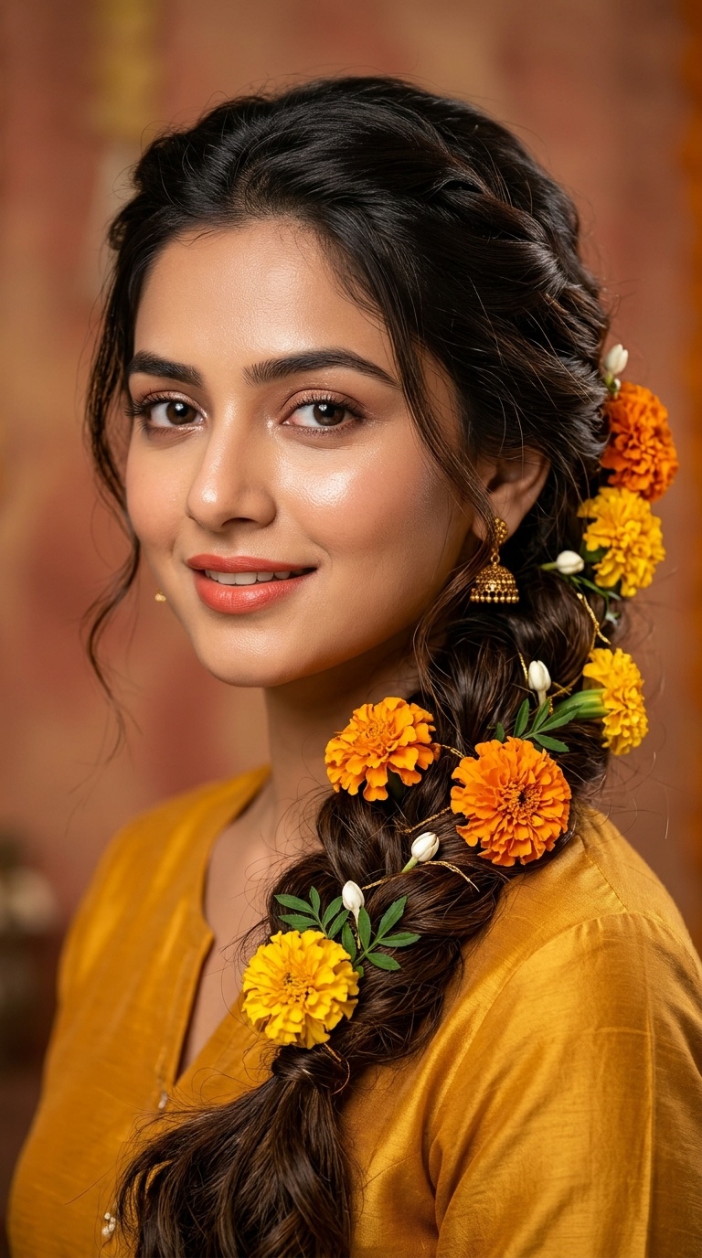 Messy Side Braid with Marigolds