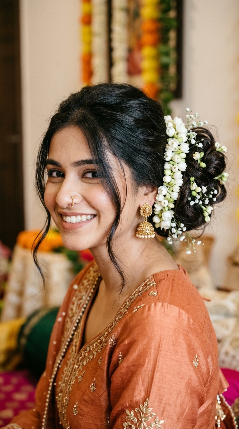 Messy Side Bun with Jasmine Garlands