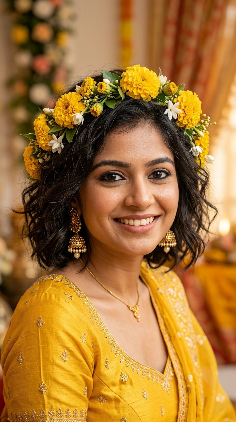 Messy Textured Bob with Yellow Marigolds