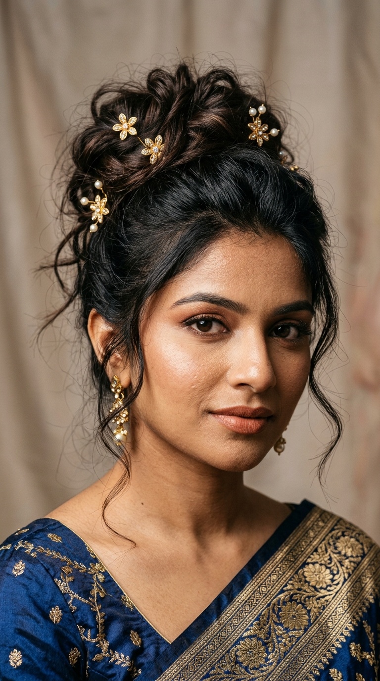 Messy Textured Bun with Gold Pins