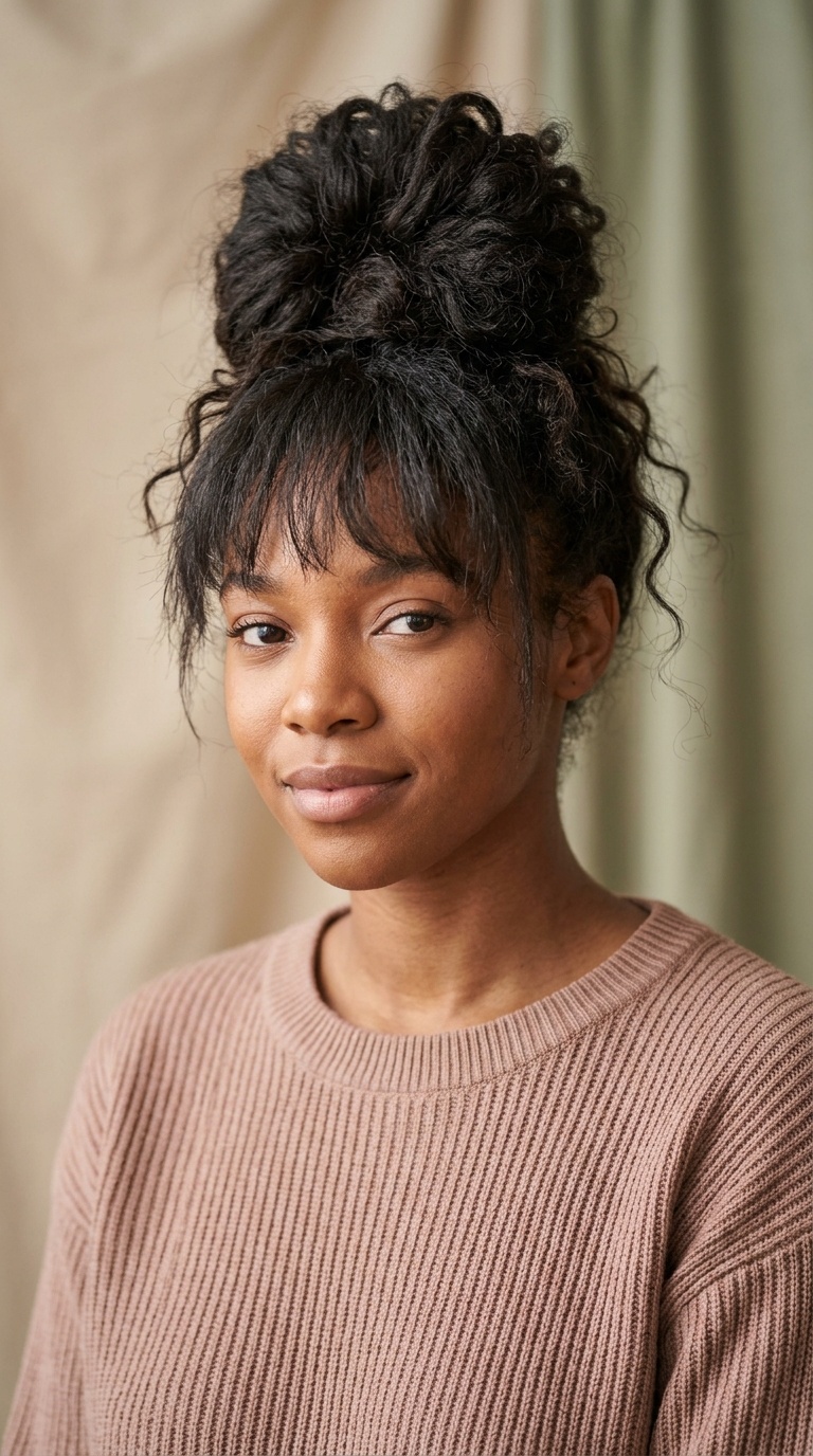 Messy Top Bun with Bangs