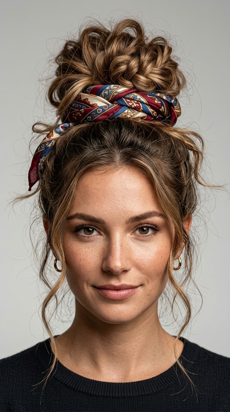 Messy Top Knot with a Scarf