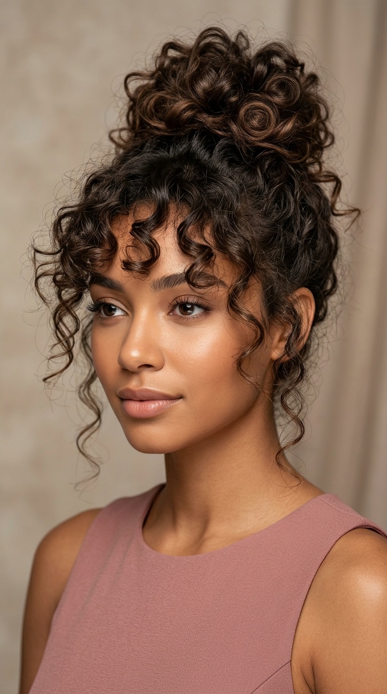 Messy Top Knot with Curly Fringe