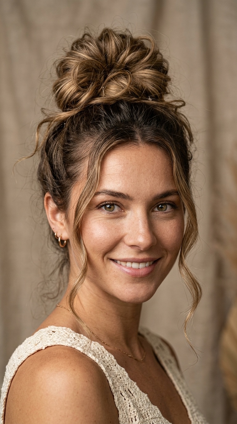 Messy Top Knot with Face-Framing Tendrils