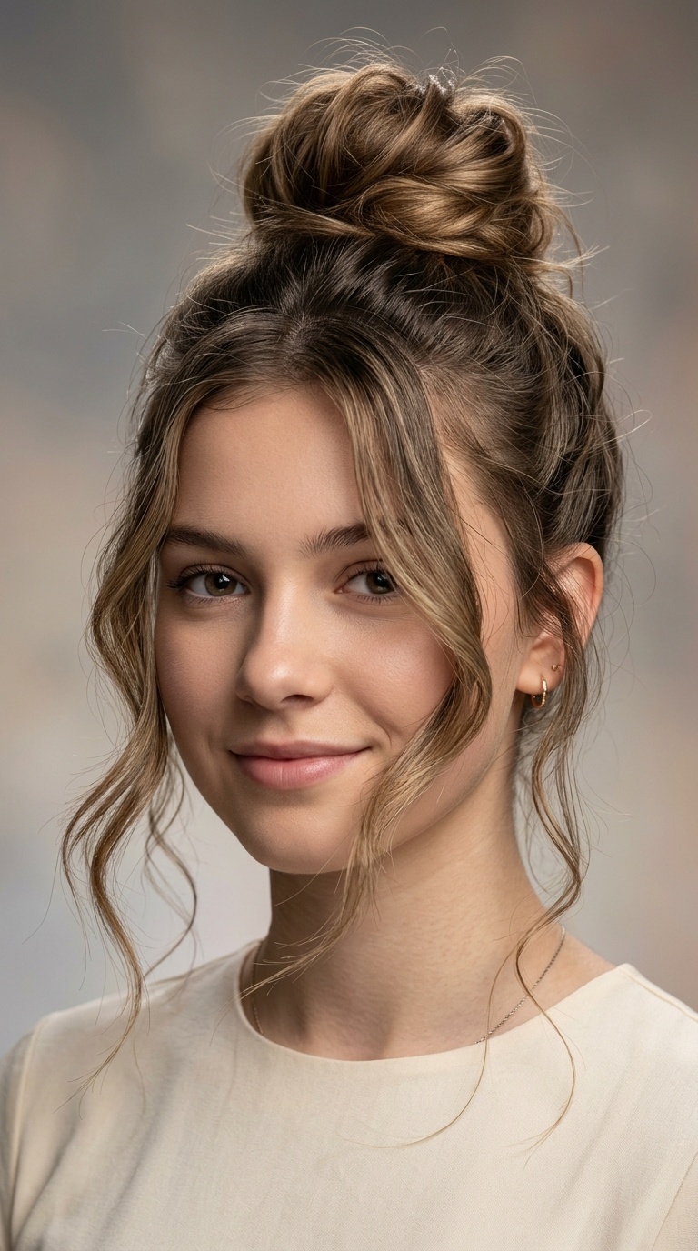 Messy Top Knot with Face-Framing Tendrils