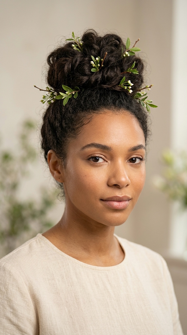 Messy Top Knot with Spring Greenery