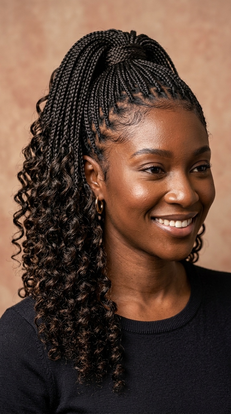 Micro-Braid High Ponytail with Curly Ends