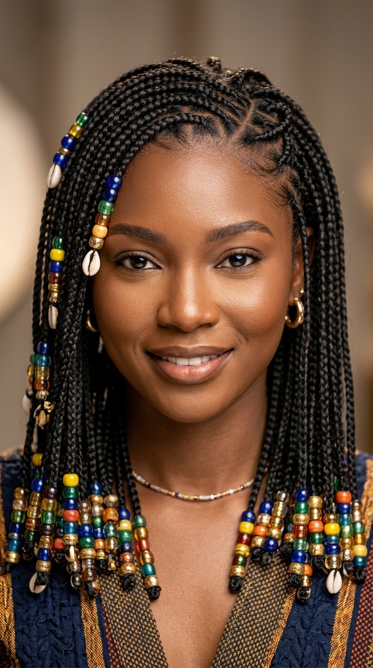 Micro Fulani Braids with Multi-Colored Beads