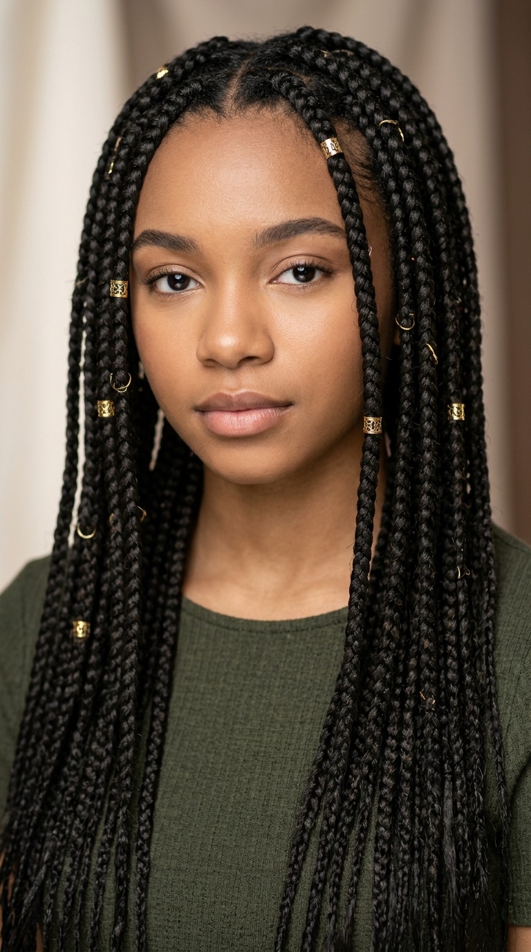 Mid-Back Box Braids with Gold Cuffs