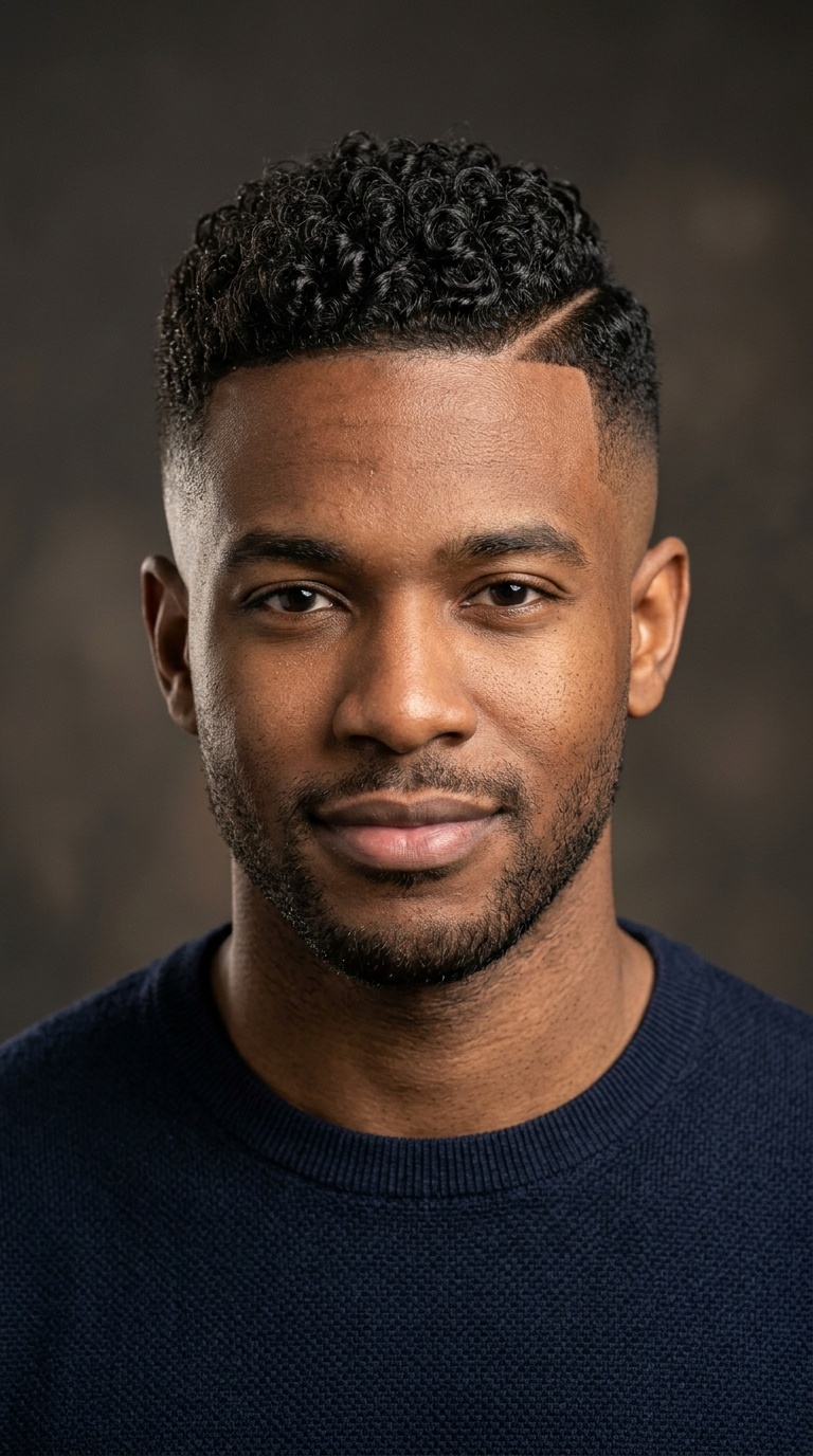 Mid Bald Fade with Defined Curls and Hard Part