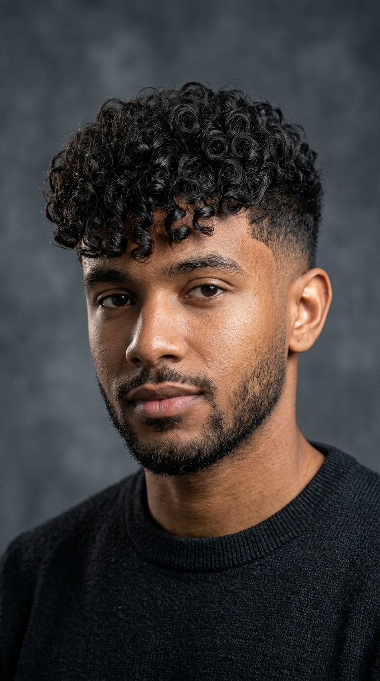 Mid Drop Fade with Angular Curly Fringe