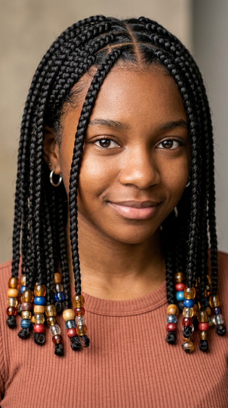 Mid-Length Box Braids with Beads