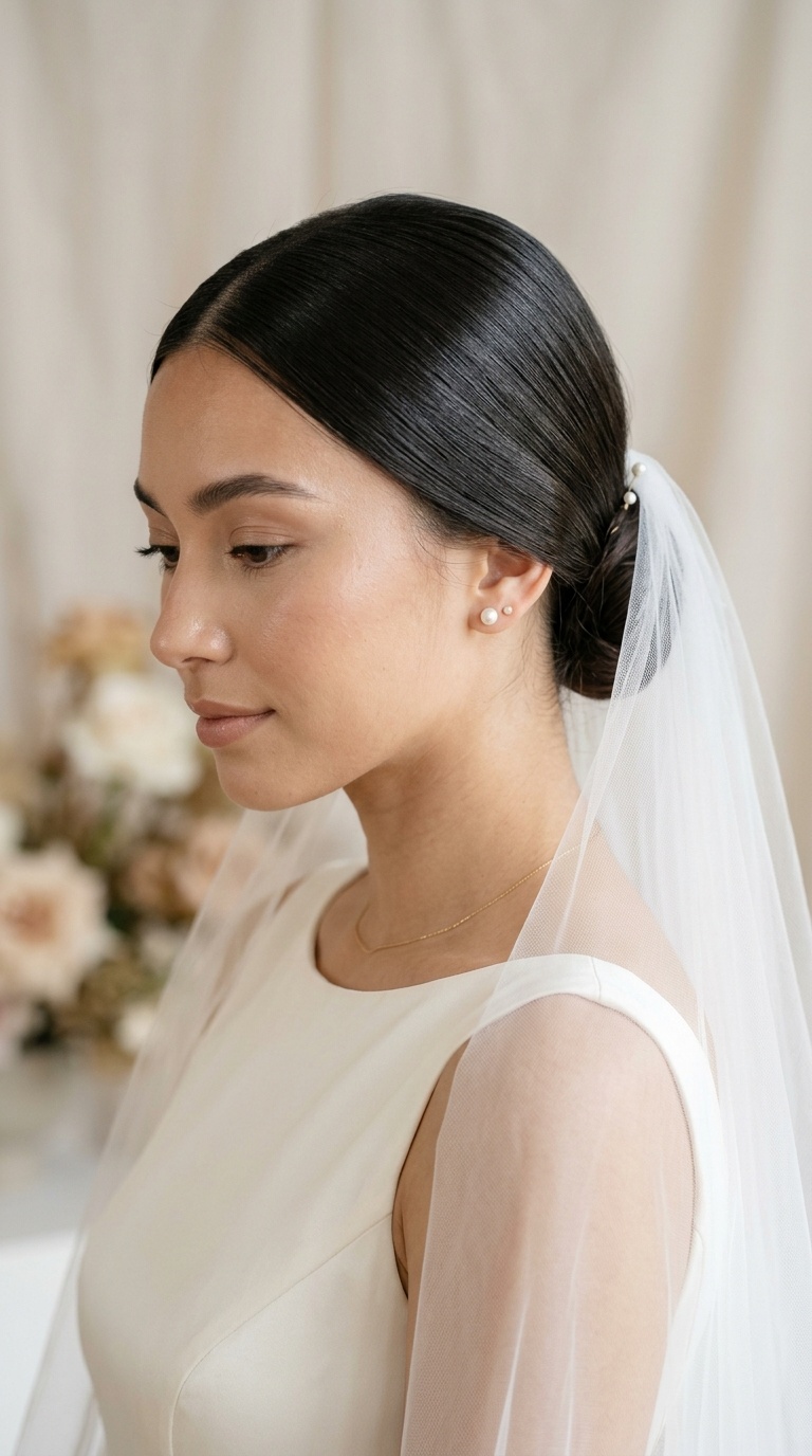 Minimalist Straight Hair with Nape-Tucked Veil