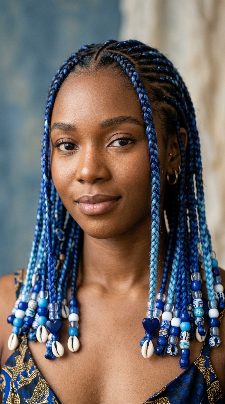 Multi-Tonal Blue Braids with Hearts and Shells