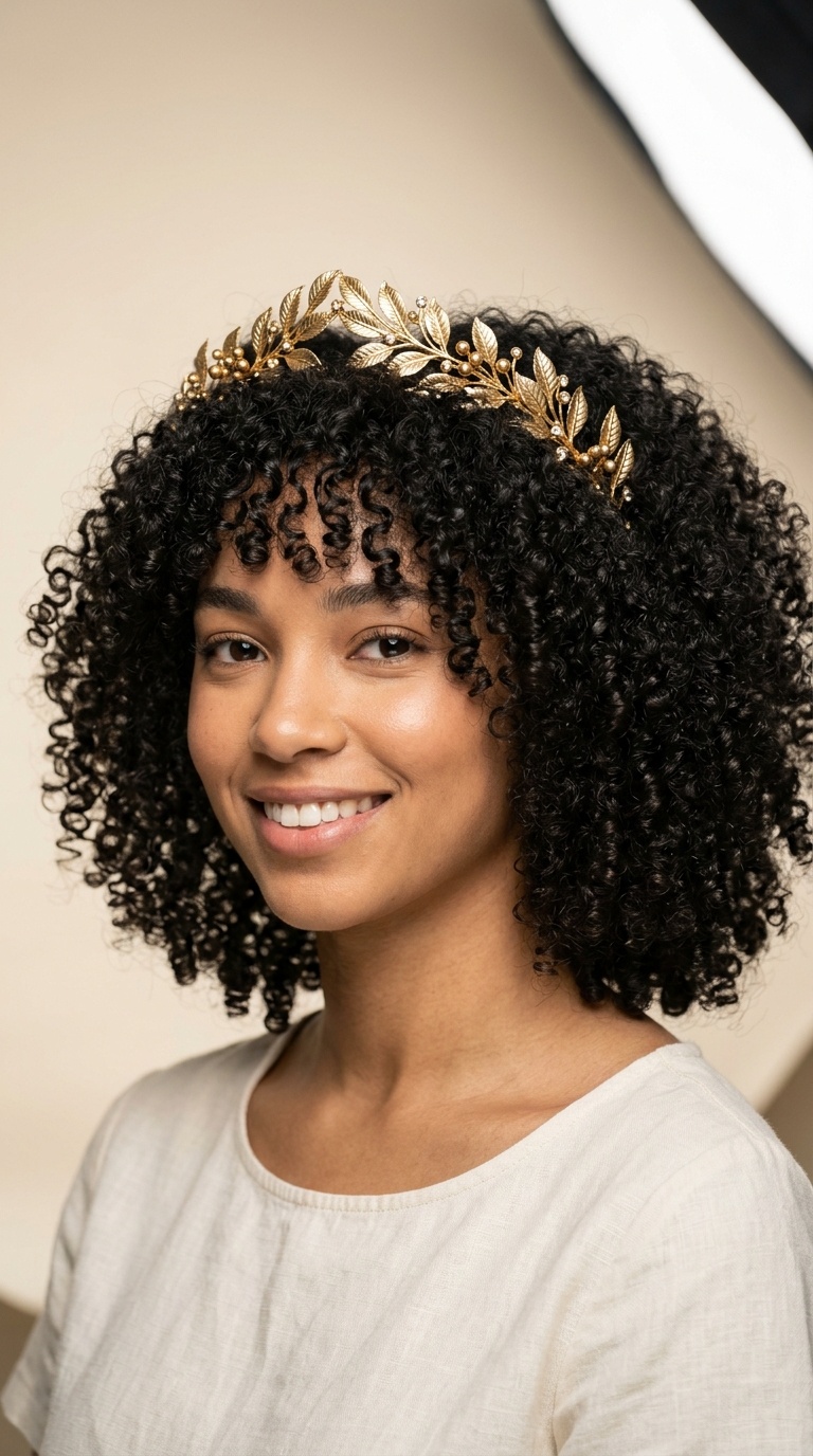 Natural Curls with a Golden Laurel Crown