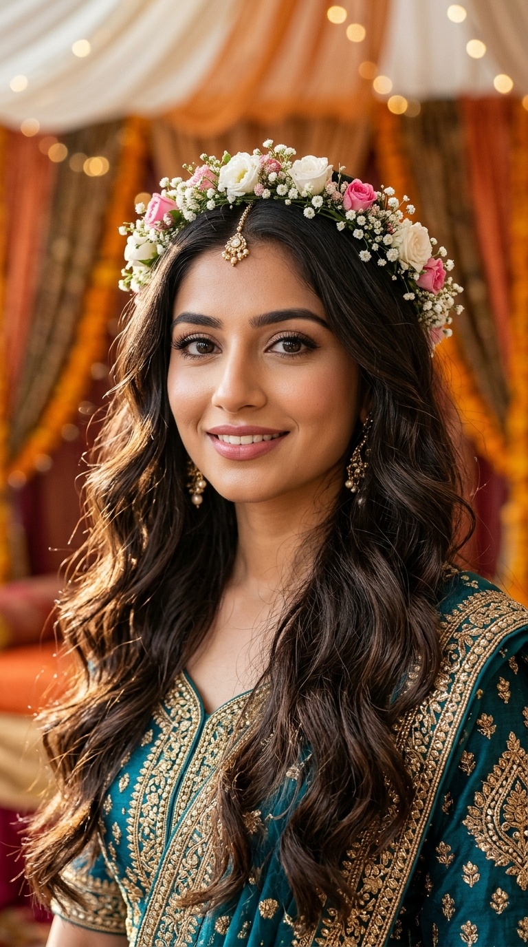 Natural Waves with a Floral Tiara