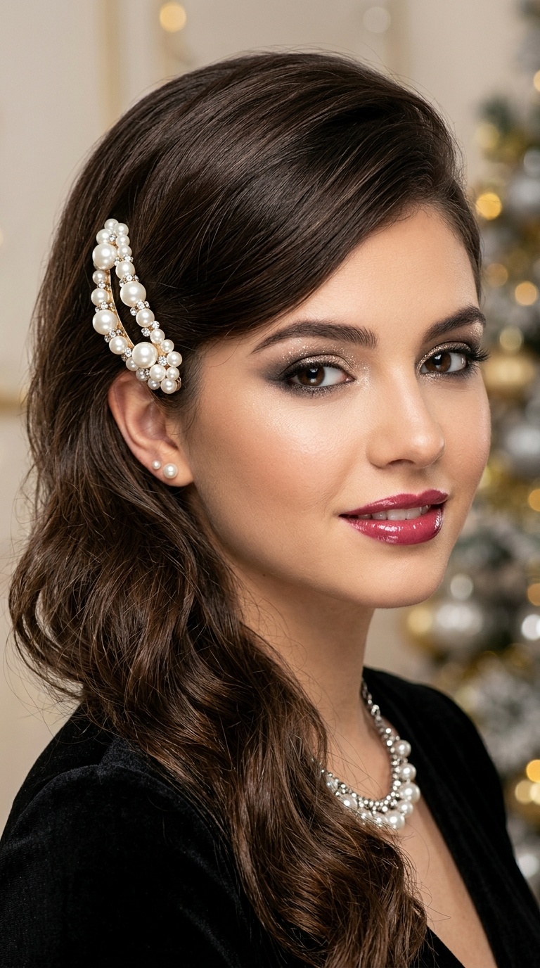 Oversized Pearl Barrette Side Sweep