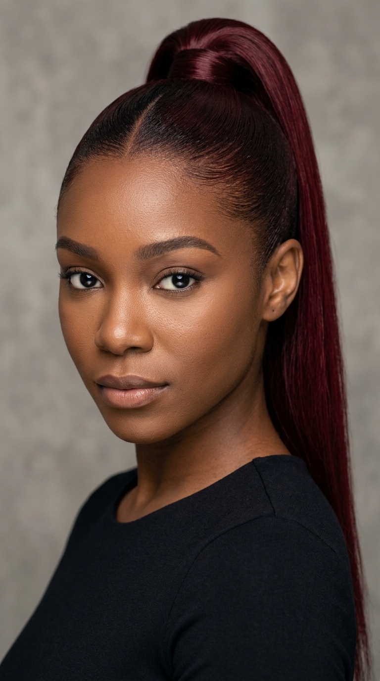 Oxblood Sleek Middle Part Ponytail