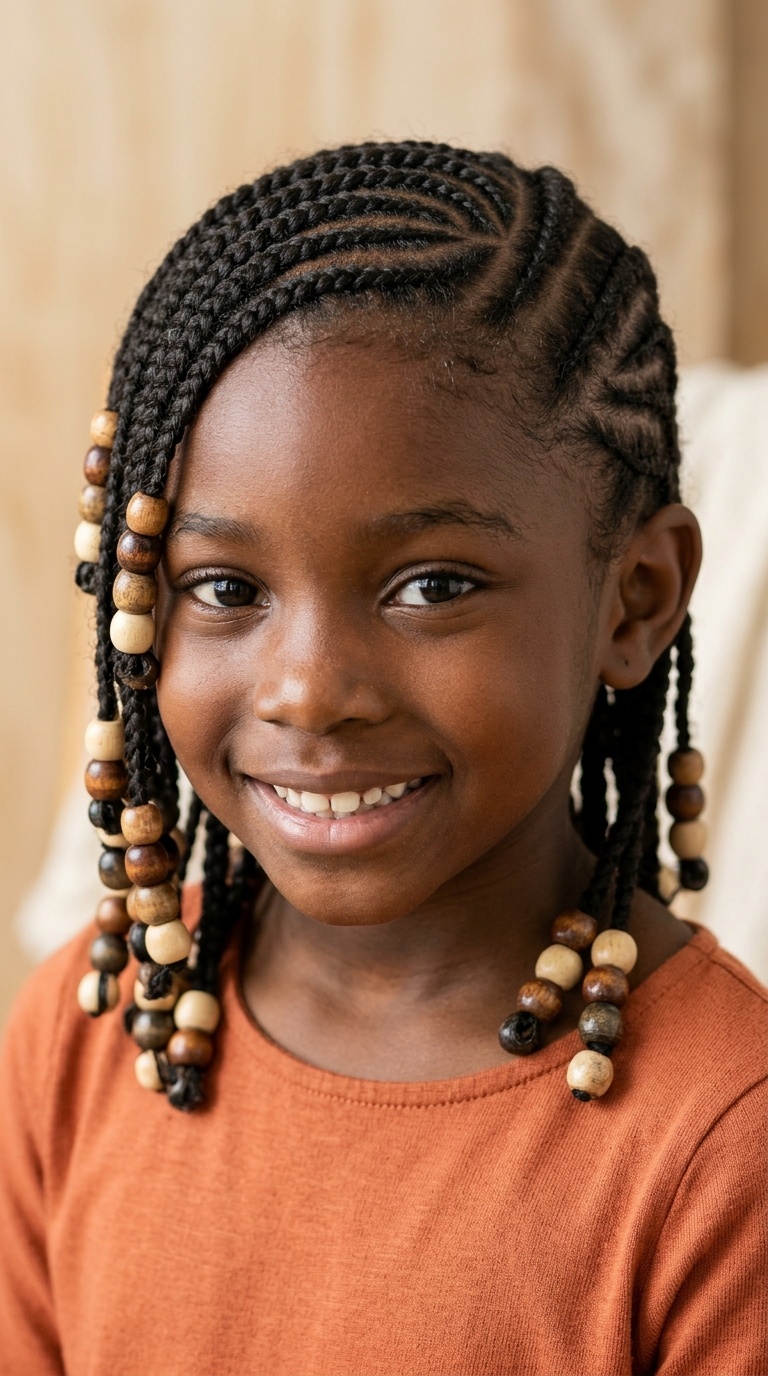 Patterned Cornrows with Natural Wooden Beads