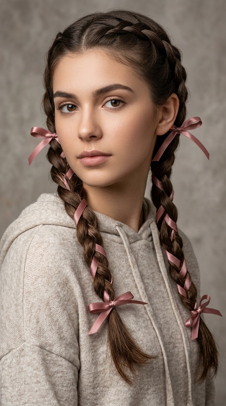 Pigtail Braids with Ribbons