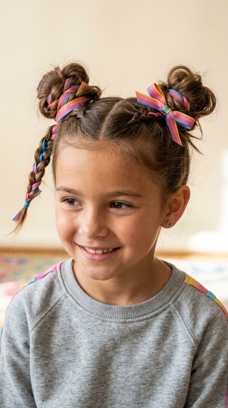 Pigtail-to-Space Bun Transition with Ribbons