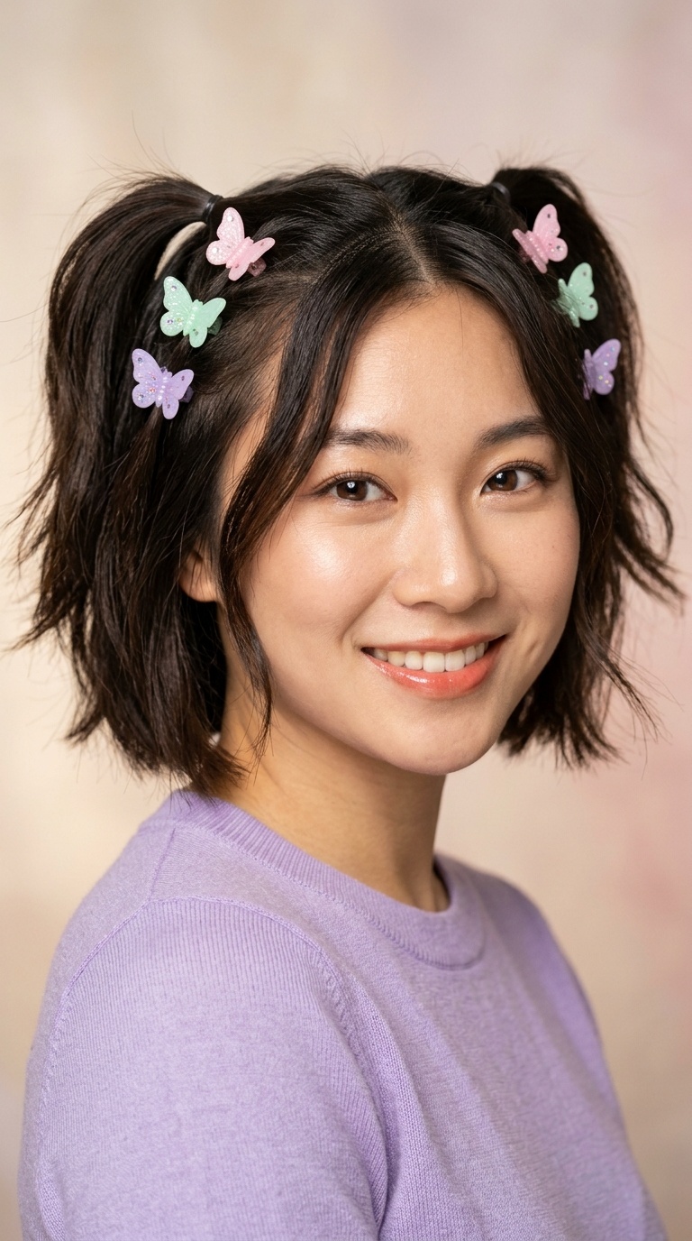 Pigtails with Face-Framing Tendrils and Butterfly Clips
