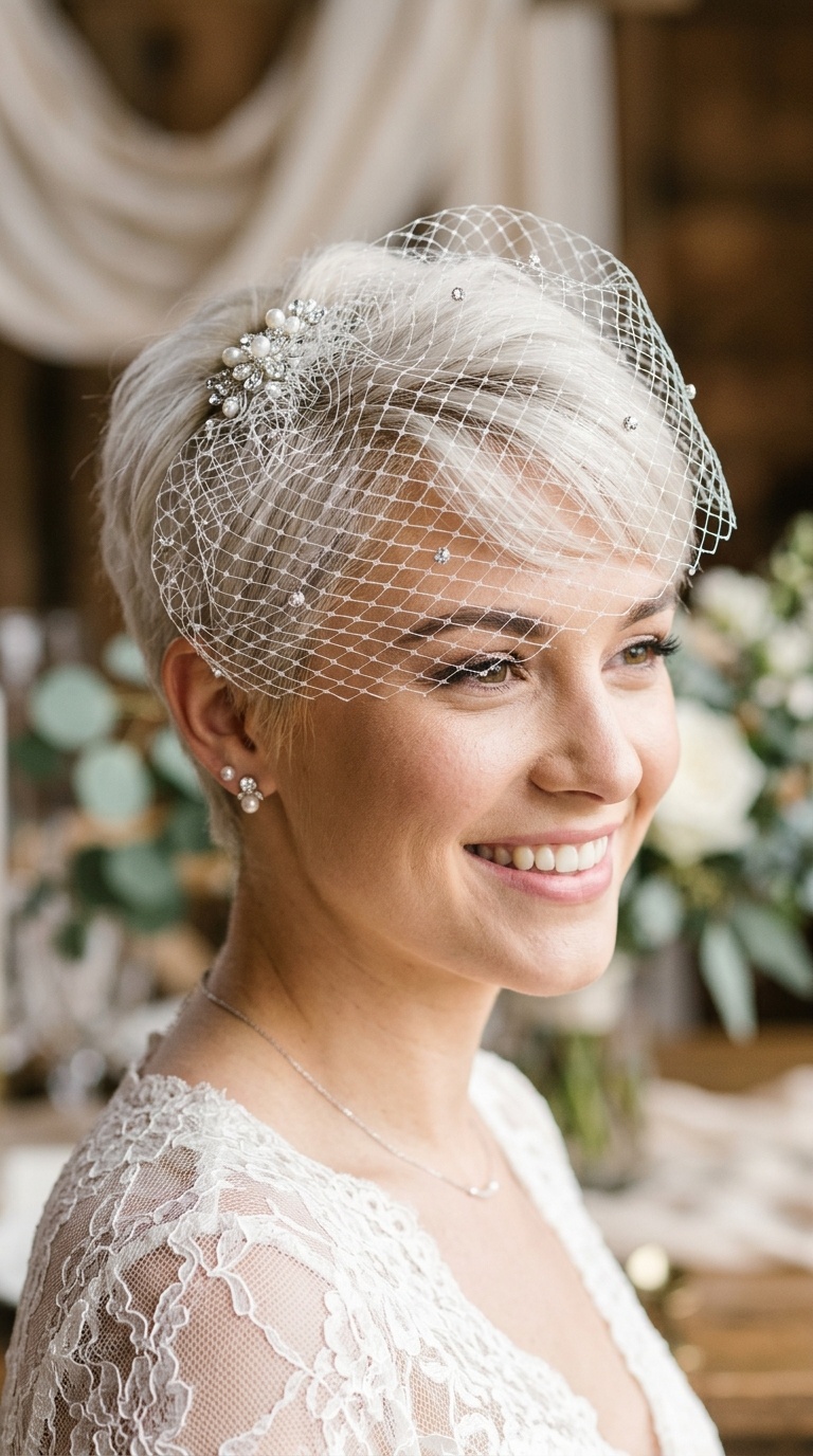 Pixie Cut with a Delicate Birdcage Veil