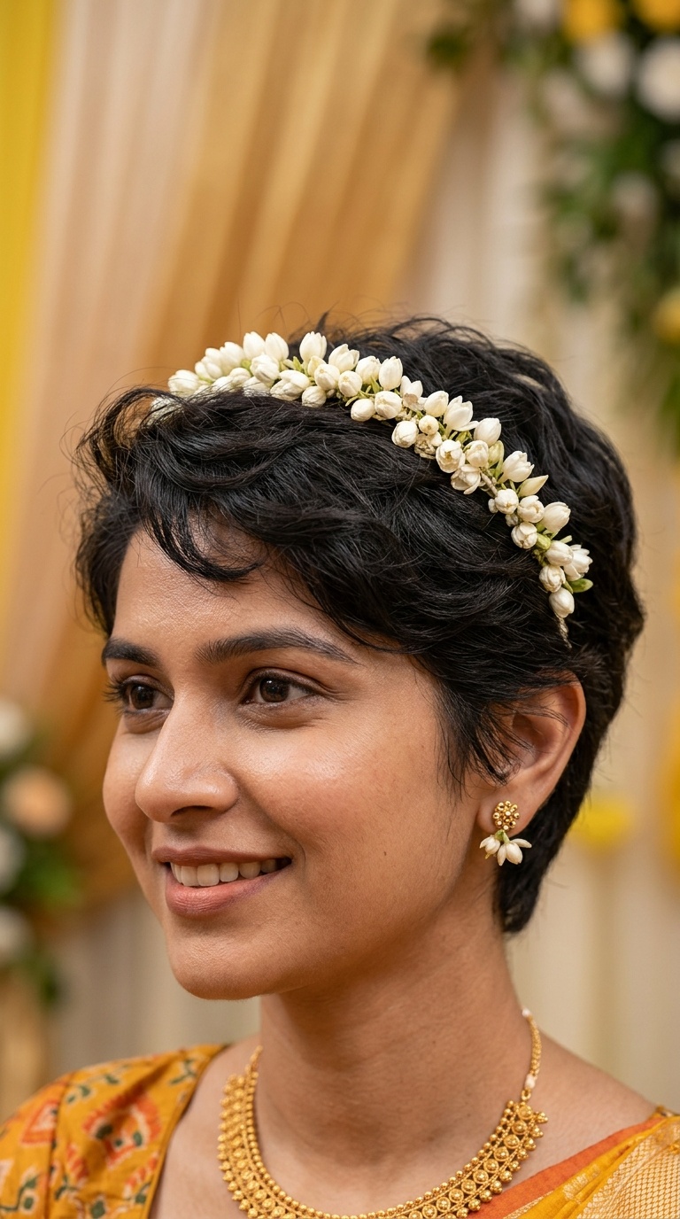 Pixie Cut with Delicate Jasmine Tiara