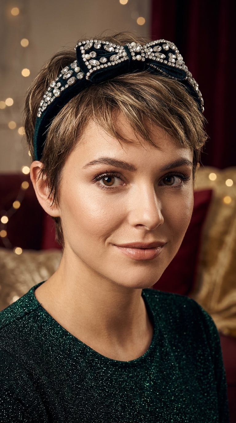 Pixie Cut with Jeweled Bow Headband