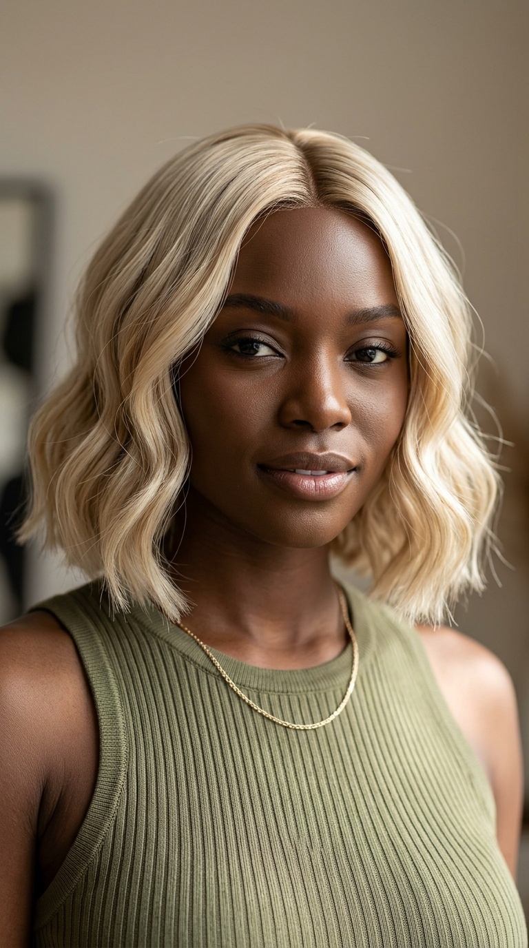 Platinum Blonde Wavy Bob on Dark Skin
