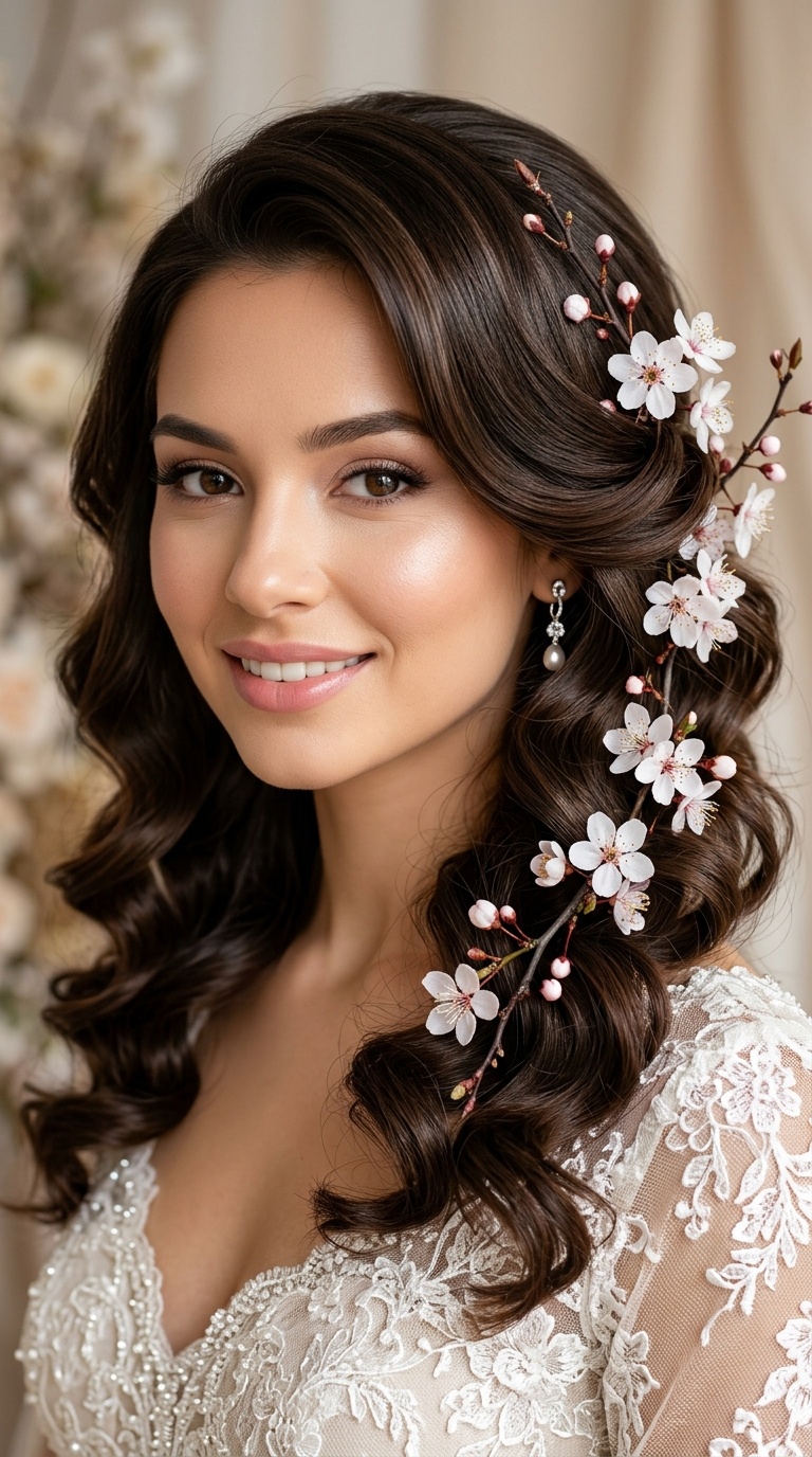 Polished Barrel Curls with Cherry Blossom Accents