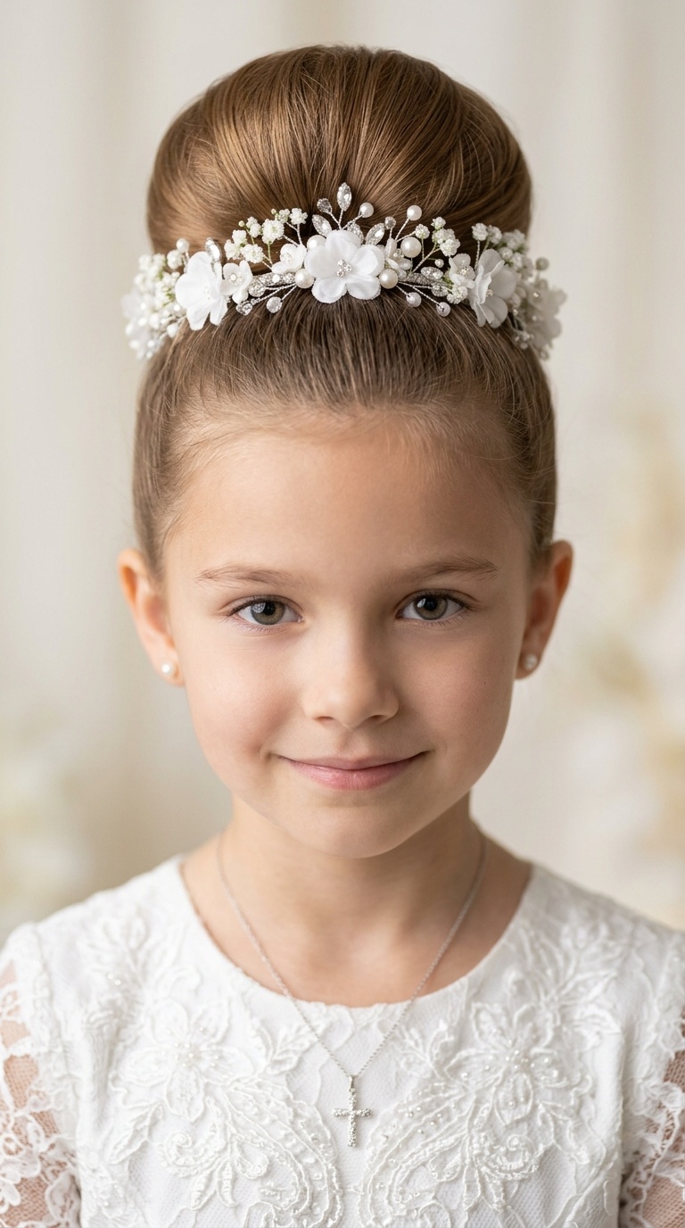 Polished Top Knot with Floral Tiara