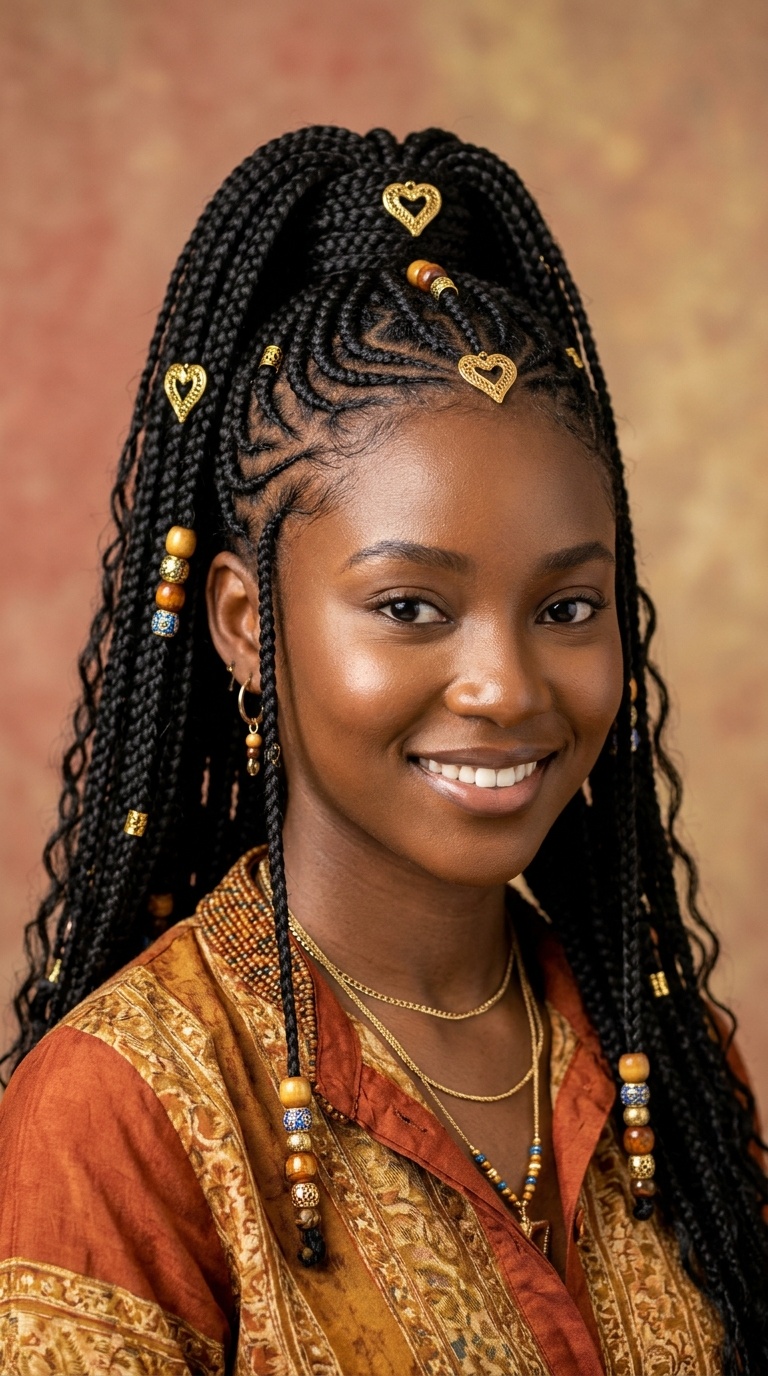 Ponytail Fulani Braids with Heart Accents