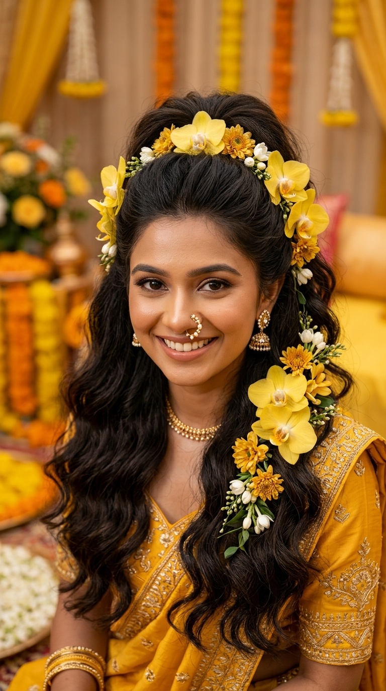Puffy Half-Ponytail with Yellow Orchids
