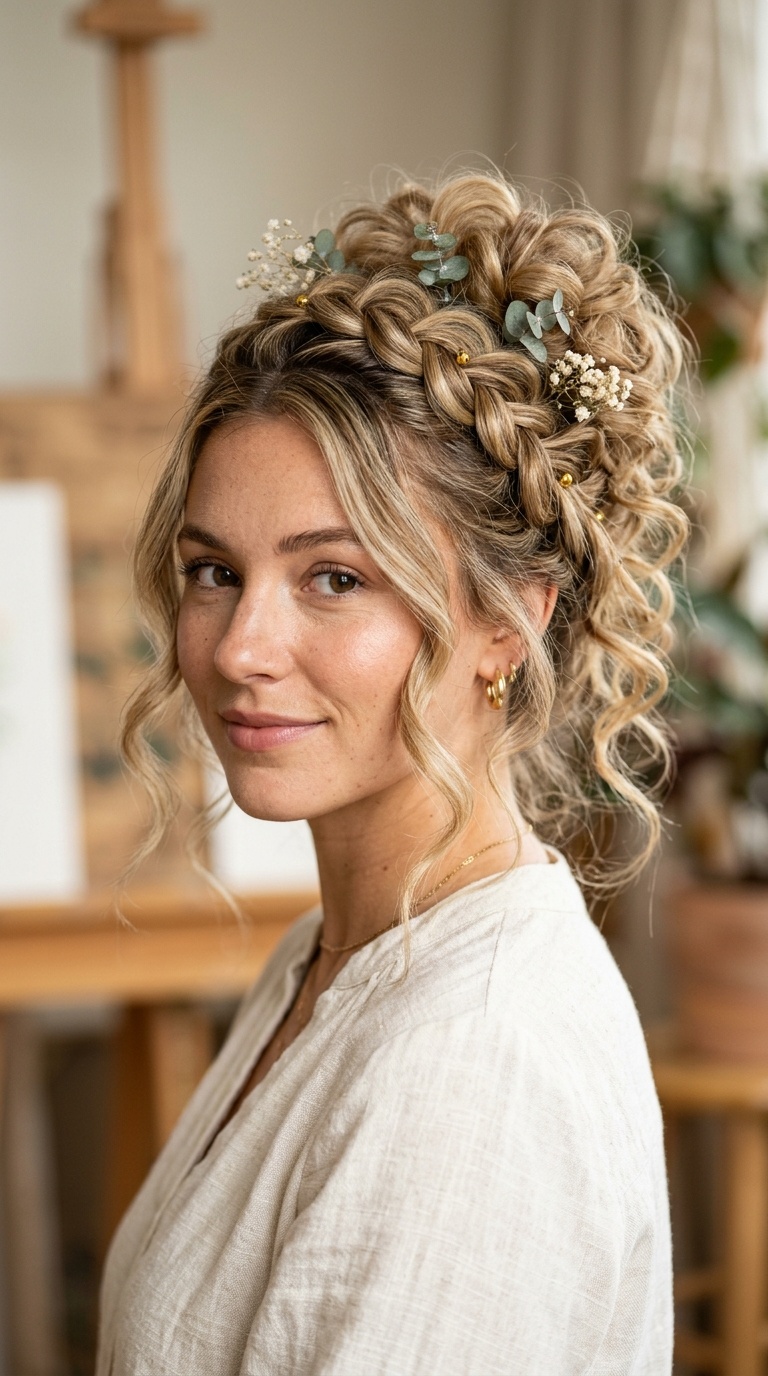 Pull-Through Braid Updo with Voluminous Curls