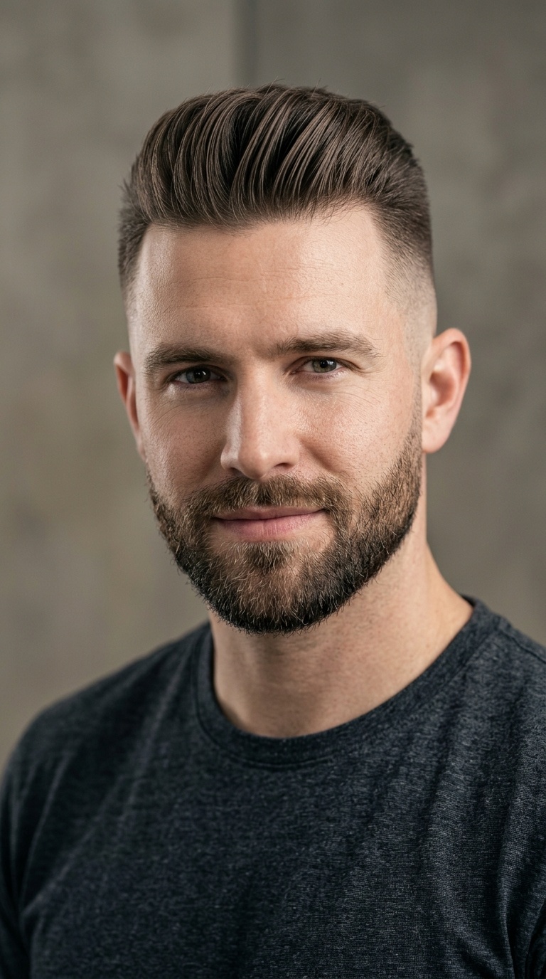 Quiff with High Fade and Sculpted Beard