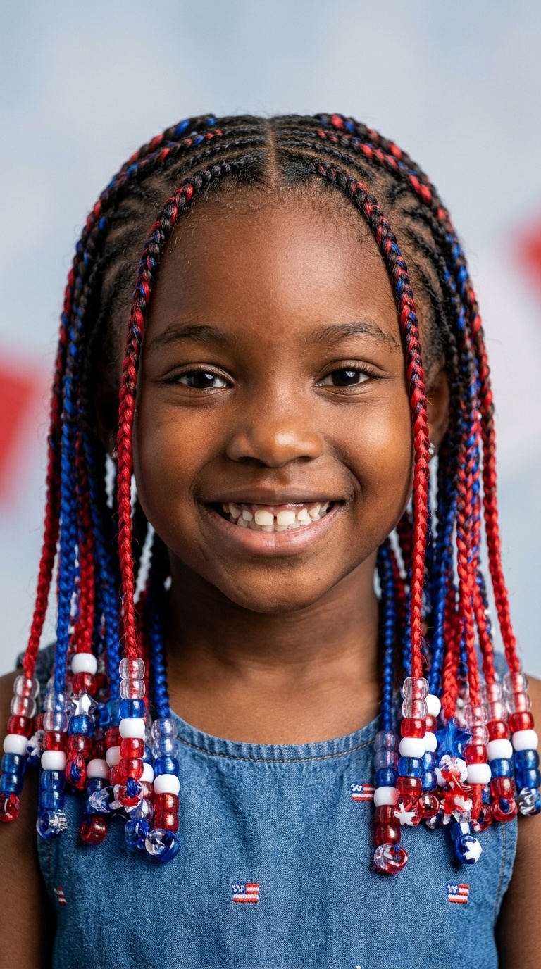Red and Blue Cornrows with Beaded Ends