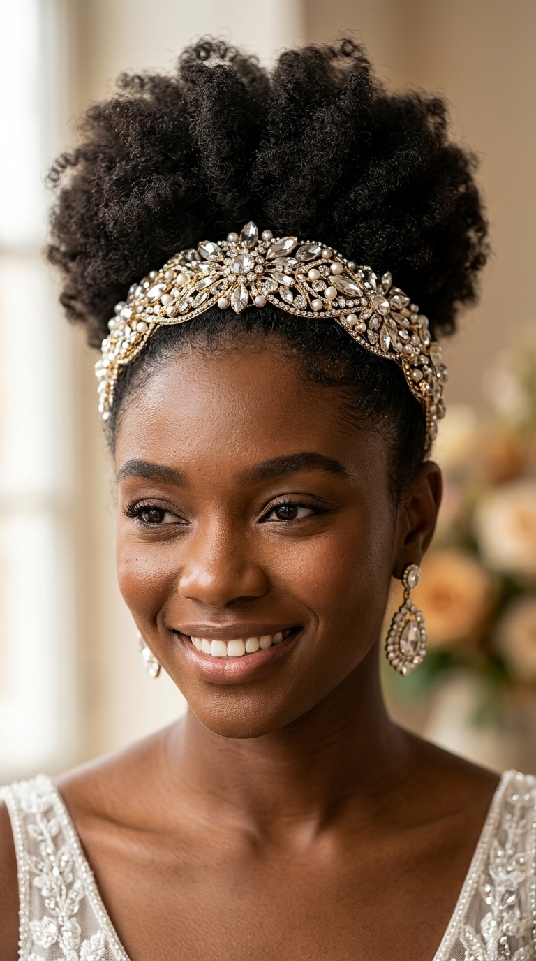 Regal High Puff with a Statement Jeweled Headband