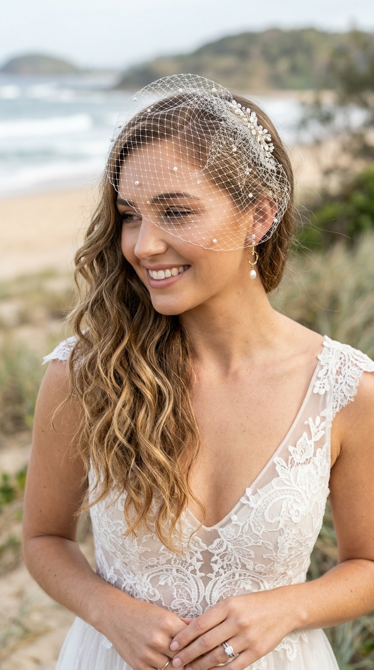 Relaxed Beach Waves with Birdcage Veil