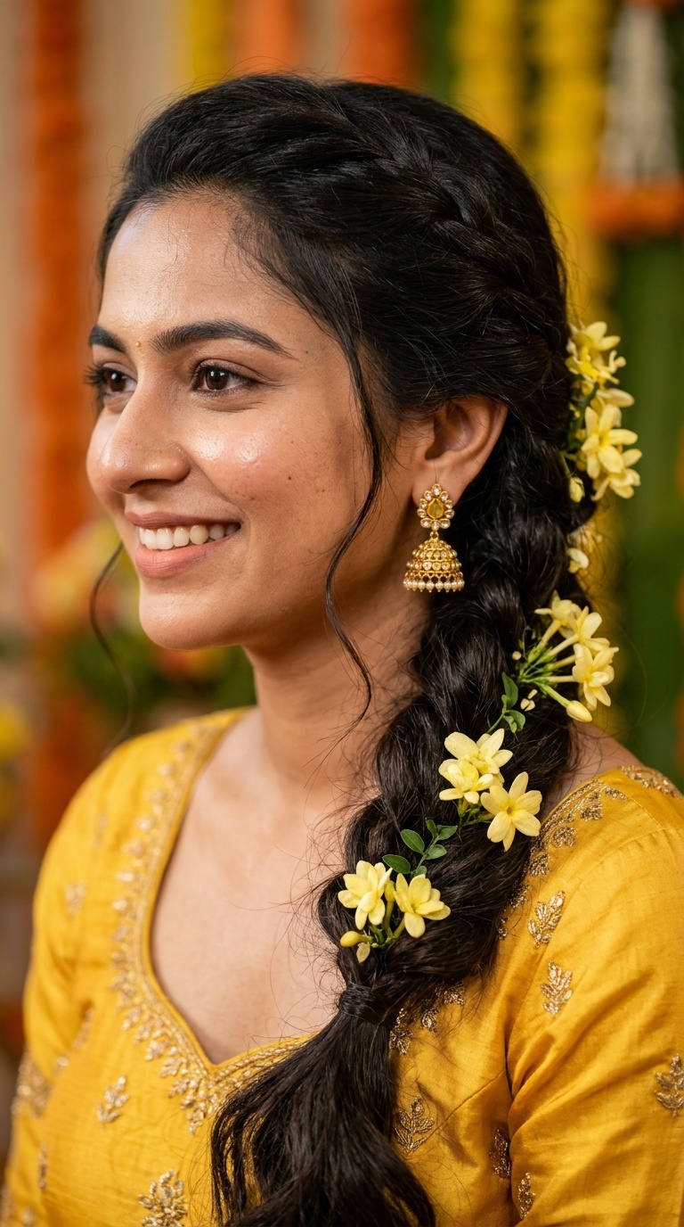 Relaxed Side Braid with Yellow Jasmine (Pichchi Poo)