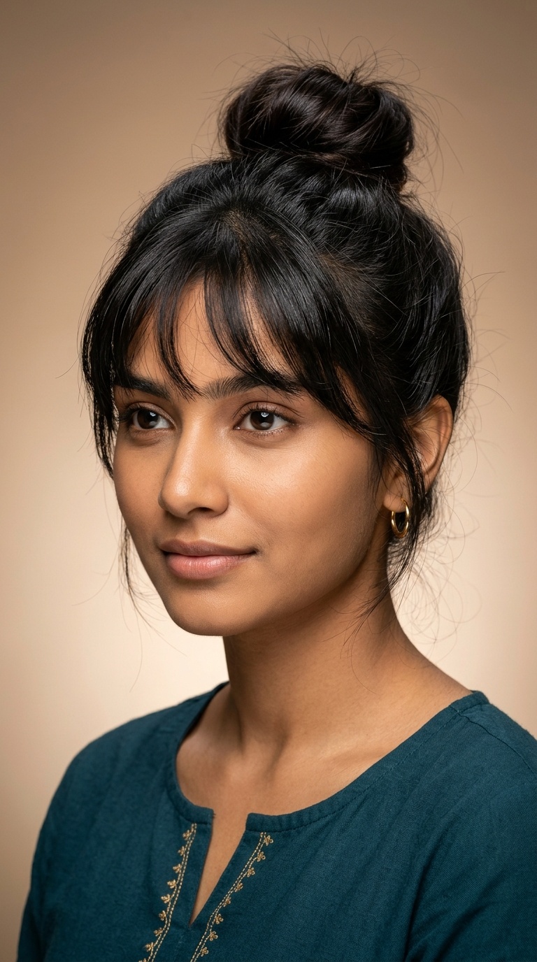 Relaxed Top Knot with Bangs