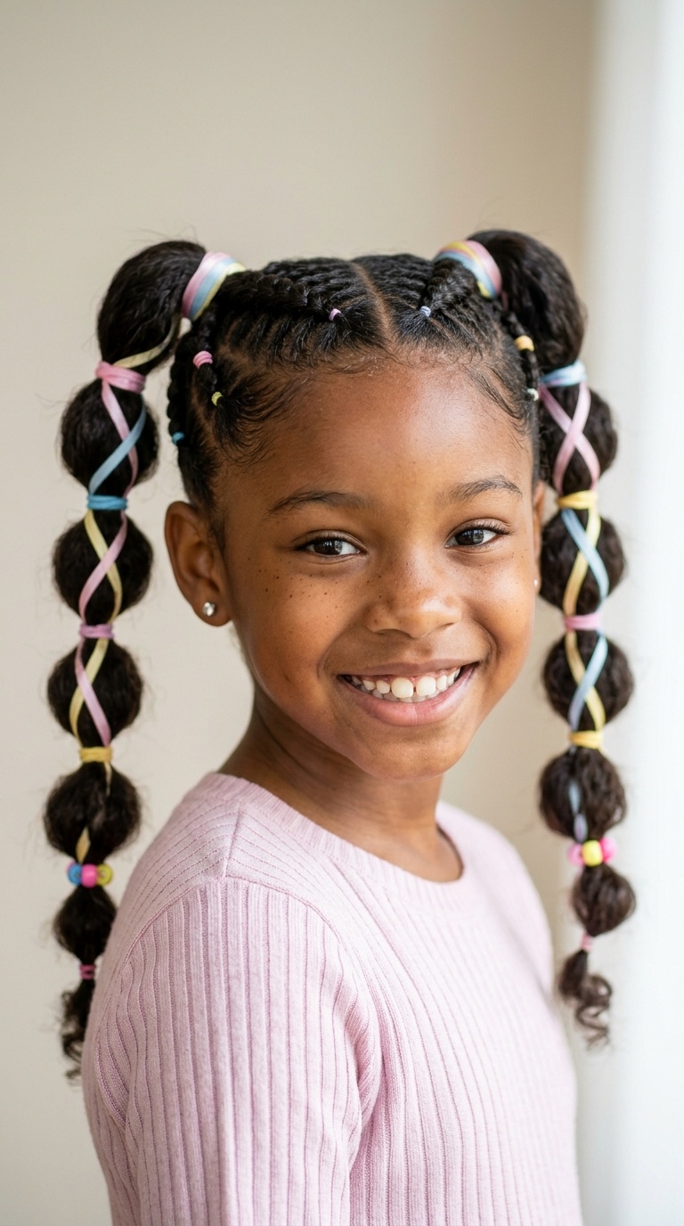 Ribbon-Intertwined Braided Bubble Ponytails