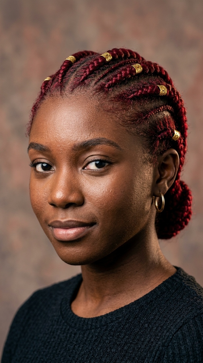 Ruby Red Cornrows with Gold Cuffs