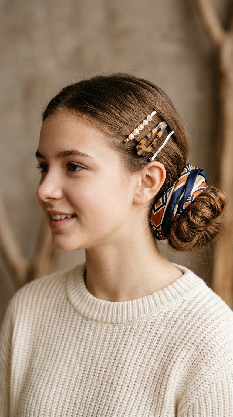 Scarf-Wrapped Bun with Side Clips