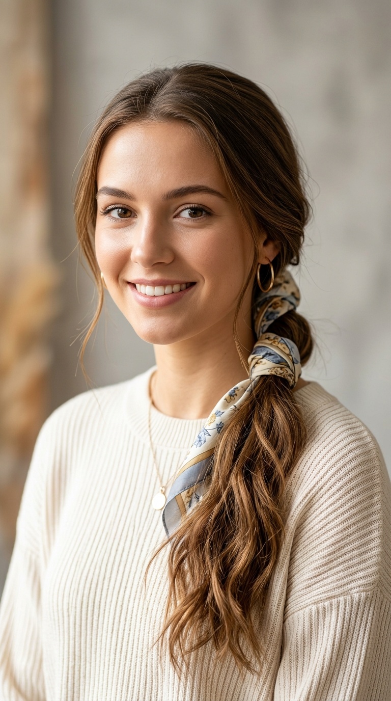 Scarf-Wrapped Low Ponytail