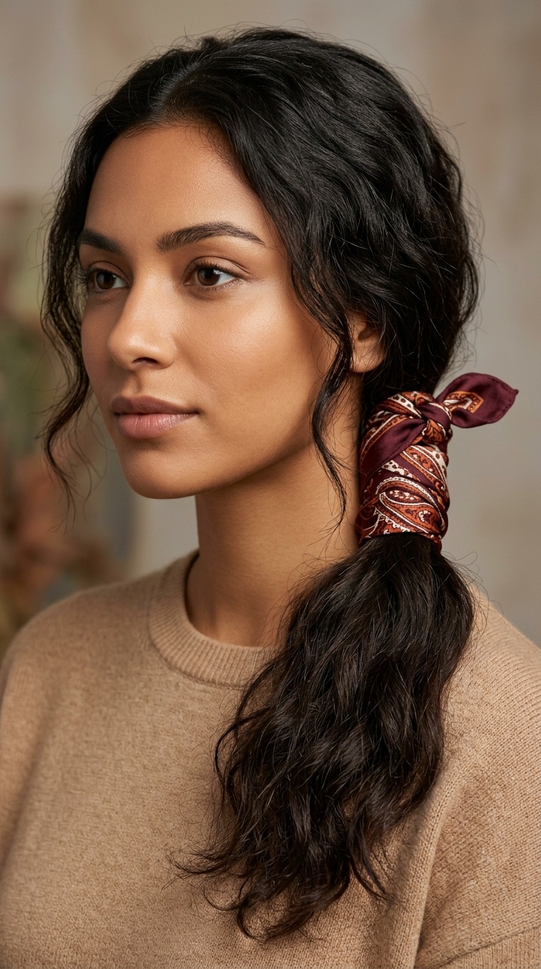 Scarf-Wrapped Low Ponytail