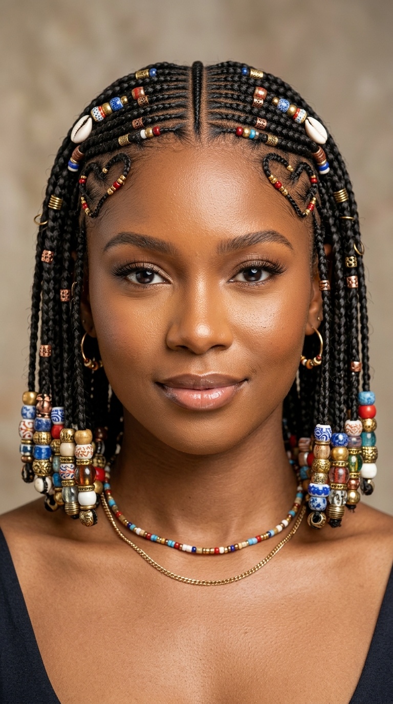 Short Bob Fulani Braids with Heavy Beading