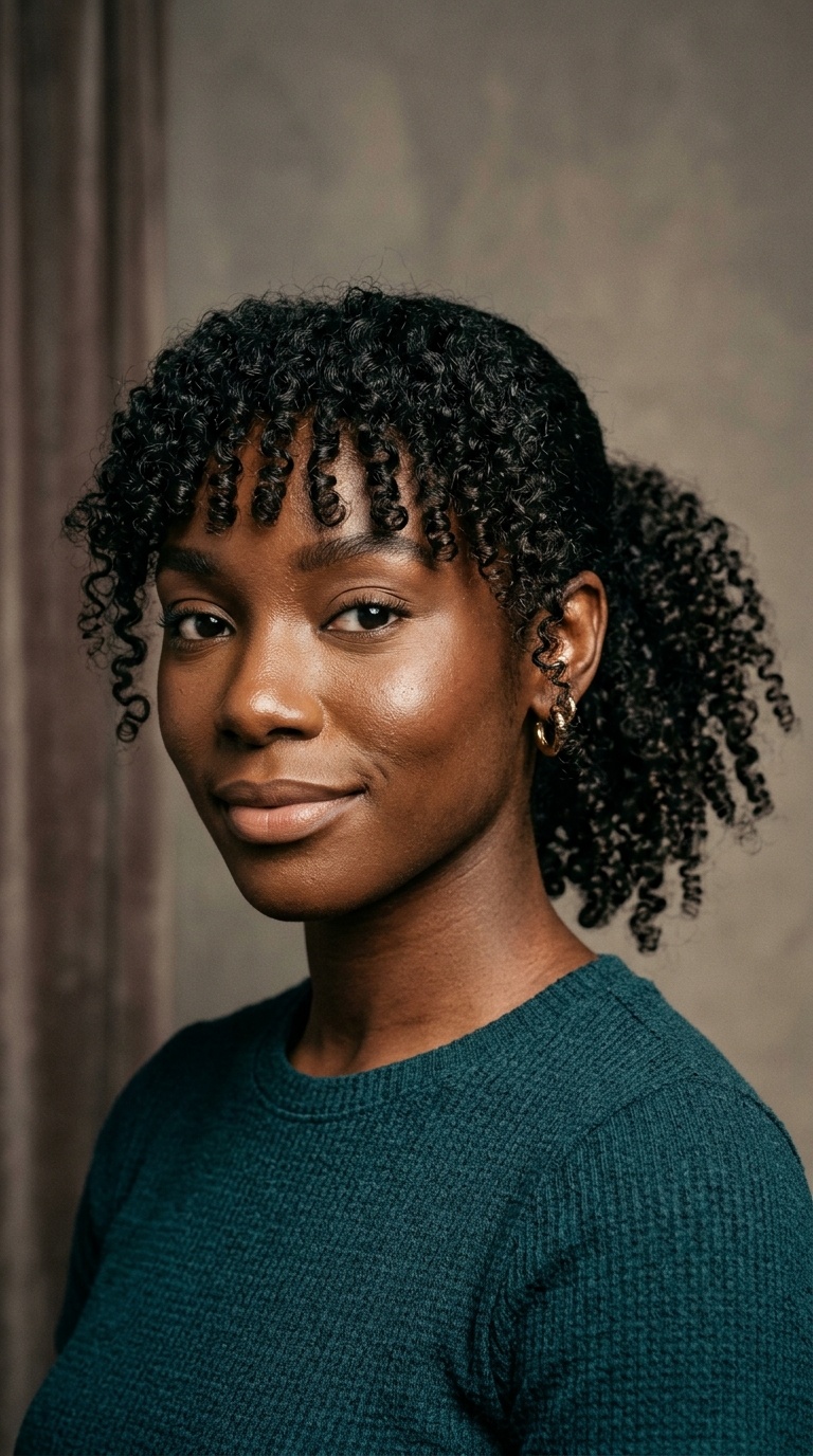 Short Ponytail with Tight Ringlets and Full Fringe