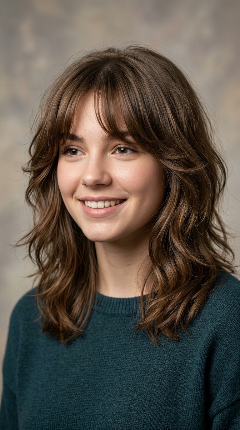 Shoulder-Length Shag with Curtain Bangs