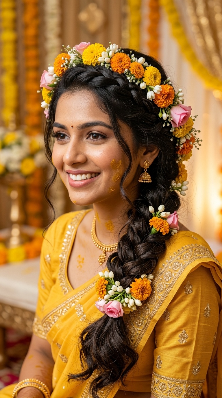 Side Braid with Cascading Floral Halo
